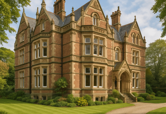Property for sale A large, historic Victorian mansion with ornate stonework, steep gables, and tall windows sits on manicured lawns in Bowdon—an ideal WA14 residential investment. A curved gravel path leads to the entrance under a clear sky. Presented by Palace Auctions