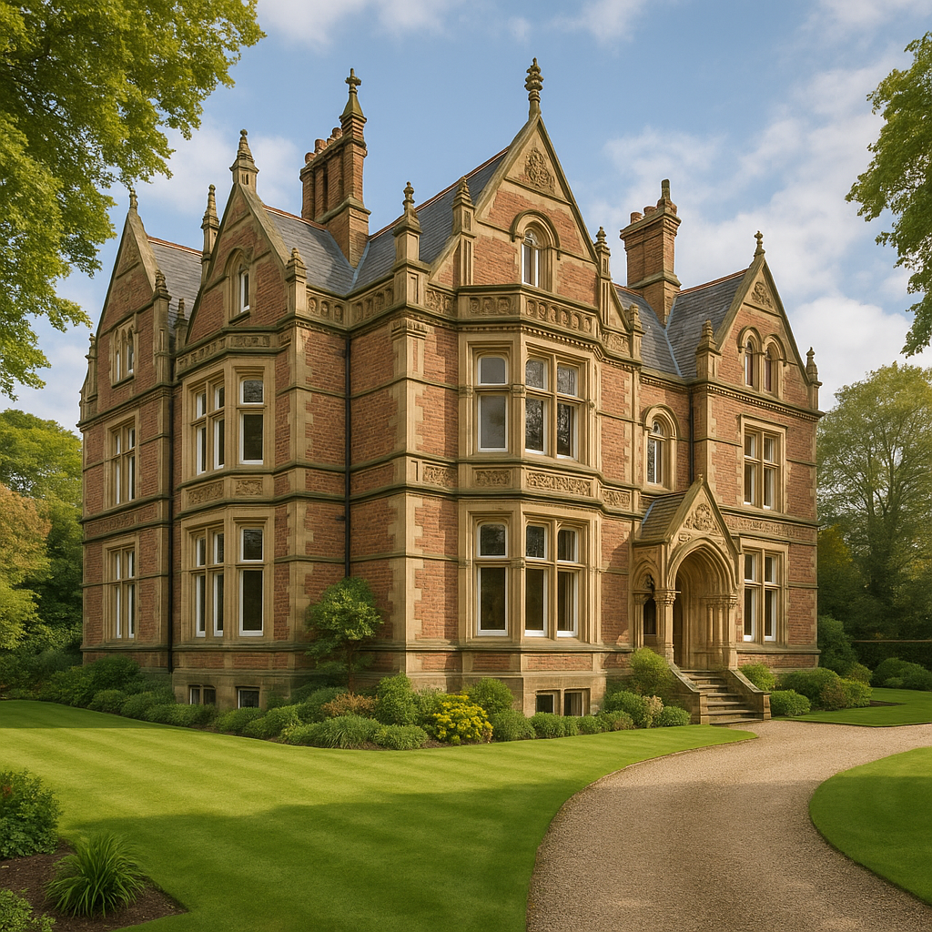 Property for sale A large, historic Victorian mansion with ornate stonework, steep gables, and tall windows sits on manicured lawns in Bowdon—an ideal WA14 residential investment. A curved gravel path leads to the entrance under a clear sky. Presented by Palace Auctions