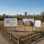 Property for sale A vacant plot of land with three signs: one advertising a Manchester property investment opportunity in Chorley, another showing an apartment building, and the third displaying architectural plans. Urban skyline is visible in the background. Presented by Palace Auctions