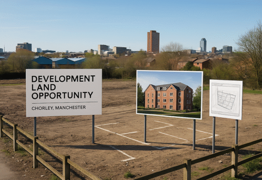 Property for sale A vacant plot of land with three signs: one advertising a Manchester property investment opportunity in Chorley, another showing an apartment building, and the third displaying architectural plans. Urban skyline is visible in the background. Presented by Palace Auctions