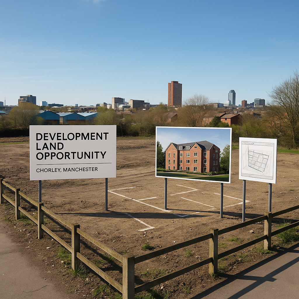 Property for sale A vacant plot of land with three signs: one advertising a Manchester property investment opportunity in Chorley, another showing an apartment building, and the third displaying architectural plans. Urban skyline is visible in the background. Presented by Palace Auctions