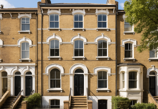 Property for sale A row of three-story Victorian townhouses with yellow brick facades, arched windows, and black doors sits on a sunny Clapham Park Road—an ideal investment property with white trim and steps leading to the entrances, plus a tree on the right. Presented by Palace Auctions
