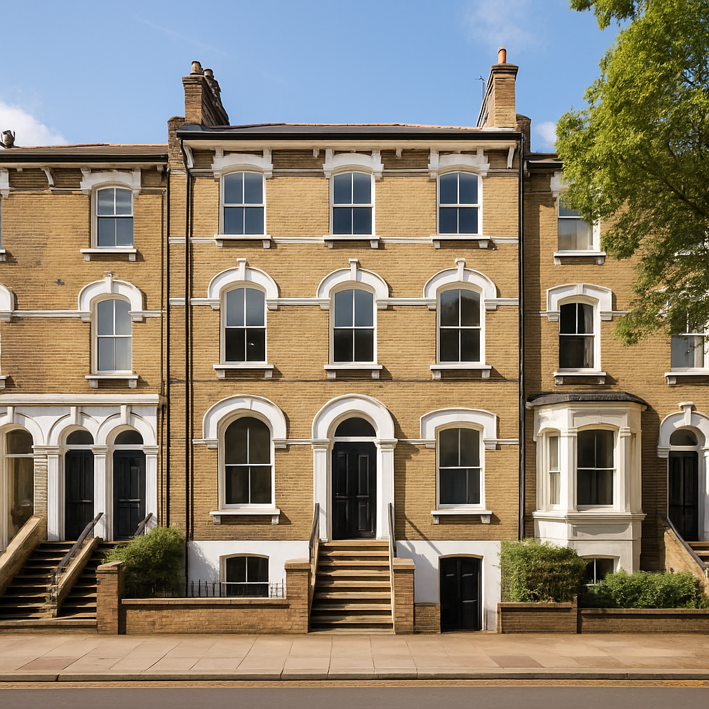 Property for sale A row of three-story Victorian townhouses with yellow brick facades, arched windows, and black doors sits on a sunny Clapham Park Road—an ideal investment property with white trim and steps leading to the entrances, plus a tree on the right. Presented by Palace Auctions