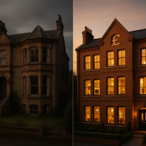 Property for sale A split image showing a dark, abandoned building on the left and a well-lit, modern building with a pound sterling symbol on the roof on the right, both at dusk. Presented by Palace Auctions