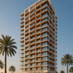 Property for sale A modern high-rise apartment building, Binghatti Flare JVT, with orange and white accents, features multiple balconies, palm trees in the foreground, and a clear blue sky—a standout Jumeirah Village Triangle property ideal for UAE buy-to-let opportunities. Presented by Palace Auctions