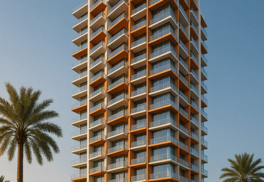 Property for sale A modern high-rise apartment building, Binghatti Flare JVT, with orange and white accents, features multiple balconies, palm trees in the foreground, and a clear blue sky—a standout Jumeirah Village Triangle property ideal for UAE buy-to-let opportunities. Presented by Palace Auctions