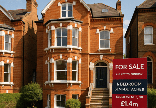 Property for sale A large, three-story red-brick house with white trim is for sale. This 6-bed semi N8 refurbishment on Elder Avenue, priced at £1.4 million, offers a small front garden, entry stairs, and excellent N8 investment opportunity potential. Presented by Palace Auctions