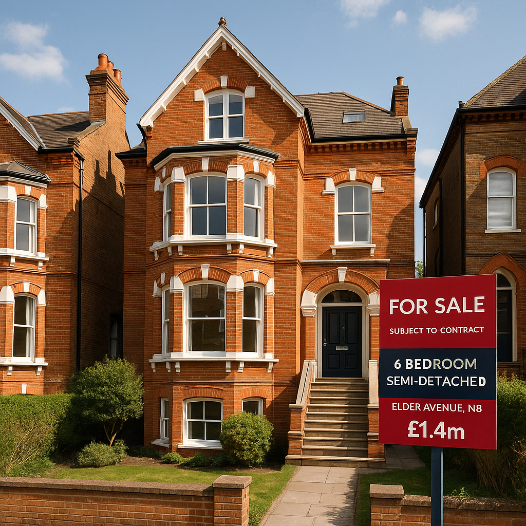 Property for sale A large, three-story red-brick house with white trim is for sale. This 6-bed semi N8 refurbishment on Elder Avenue, priced at £1.4 million, offers a small front garden, entry stairs, and excellent N8 investment opportunity potential. Presented by Palace Auctions