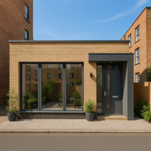 Property for sale A modern, single-story brick house with large windows, a dark gray door, and potted plants at the entrance—an ideal hackney e8 investment flat. The patio, seen through the windows, features a table and two chairs beneath a blue sky. Presented by Palace Auctions