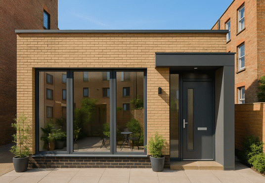 Property for sale A modern, single-story brick house with large windows, a dark gray door, and potted plants at the entrance—an ideal hackney e8 investment flat. The patio, seen through the windows, features a table and two chairs beneath a blue sky. Presented by Palace Auctions