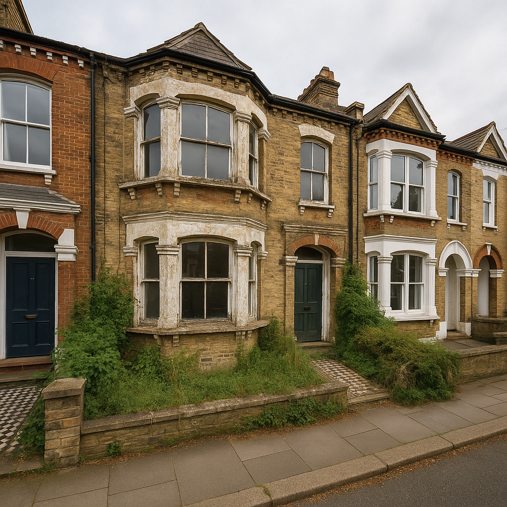 Property for sale A row of old, two-story brick townhouses, with the center house showing peeling paint and overgrown plants—a prime SE24 house refurbishment opportunity contrasting with its neater Herne Hill property investment neighbors. Presented by Palace Auctions