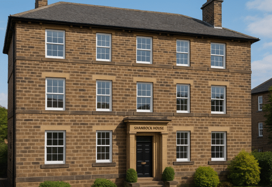 Property for sale A brick building with a black door, ideal for a Pudsey buy-to-let flats – Pudsey rental investment. Presented by Palace Auctions