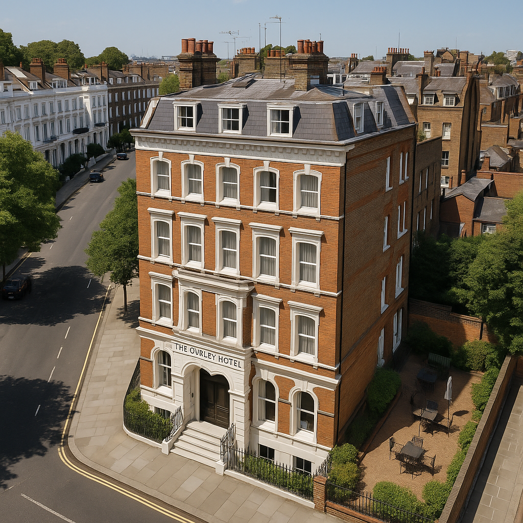 Property for sale A four-story red-brick Boutique Hotel Chelsea with white trim, named "The Overley Hotel," stands on a street corner surrounded by greenery, outdoor seating, and classic townhouses under a clear blue sky. Presented by Palace Auctions