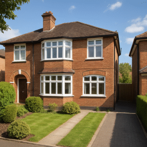 Property for sale A two-story red brick house with large white-trimmed windows, a front lawn with small shrubs, and a paved driveway—an ideal 4-bed rental investment in Sutton under a clear blue sky. Perfect for Sutton property investment seekers. Presented by Palace Auctions