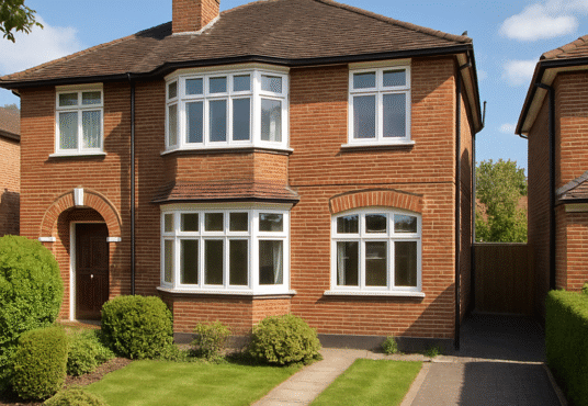Property for sale A two-story red brick house with large white-trimmed windows, a front lawn with small shrubs, and a paved driveway—an ideal 4-bed rental investment in Sutton under a clear blue sky. Perfect for Sutton property investment seekers. Presented by Palace Auctions