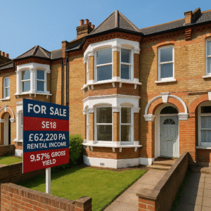 Property for sale A two-story brick terraced SE18 HMO investment property with white trim is for sale. The front yard sign highlights a rental income of £62,220 per year and a 9.57% gross yield in this sought-after postcode. Presented by Palace Auctions