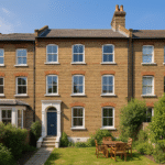Property for sale A three-story brick townhouse in SE18, ideal as an HMO investment property, with large white-trimmed windows, a dark blue front door, and a small garden featuring a wooden table on the grassy lawn under a clear blue sky. Presented by Palace Auctions