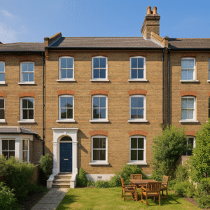 Property for sale A three-story brick townhouse in SE18, ideal as an HMO investment property, with large white-trimmed windows, a dark blue front door, and a small garden featuring a wooden table on the grassy lawn under a clear blue sky. Presented by Palace Auctions