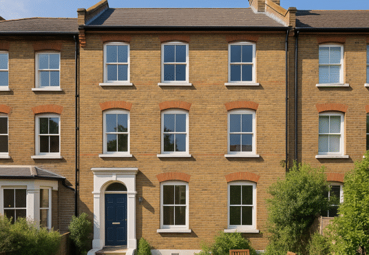 Property for sale A three-story brick townhouse in SE18, ideal as an HMO investment property, with large white-trimmed windows, a dark blue front door, and a small garden featuring a wooden table on the grassy lawn under a clear blue sky. Presented by Palace Auctions