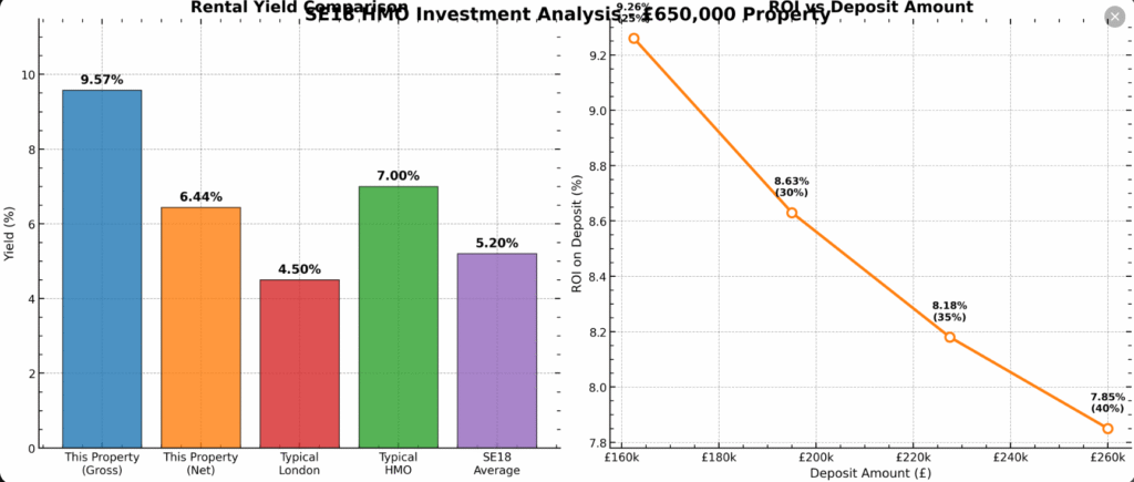 Property for sale Two bar graphs: Left compares rental yields in percentages, highlighting a 9.6% gross yield for an SE18 HMO investment; right shows ROI decreasing as deposit increases for a £650,000 high-yield property. Presented by Palace Auctions