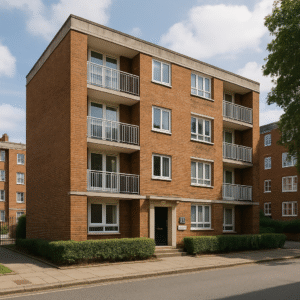 Property for sale A modern, four-story apartment building with a brick exterior, white-framed windows, and balconies—an ideal Kensington off-market flat—surrounded by low hedges and a paved sidewalk under a partly cloudy sky. Presented by Palace Auctions