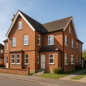 Property for sale A two-story red brick house with white trim, multiple windows, and a gable roof offers prime Hayes HMO investment opportunity, featuring a small front porch and well-kept lawn on a quiet street under clear skies. Presented by Palace Auctions