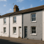 Property for sale A row of terraced houses with white and gray exteriors lines South Road under a blue sky. Ideal as a 2-bed maisonette Newhaven, the house at number 22 stands out—perfect for those seeking a Newhaven property auction investment. Presented by Palace Auctions