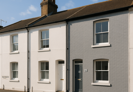 Property for sale A row of terraced houses with white and gray exteriors lines South Road under a blue sky. Ideal as a 2-bed maisonette Newhaven, the house at number 22 stands out—perfect for those seeking a Newhaven property auction investment. Presented by Palace Auctions
