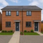 Property for sale Two identical modern brick houses with grey doors and windows, small front gardens with shrubs, and paved paths leading to each entrance—an ideal split unit investment in Leicester property. Blue sky with scattered clouds above. Presented by Palace Auctions
