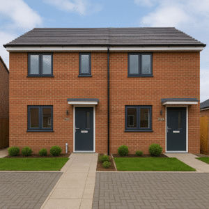 Property for sale Two identical modern brick houses with grey doors and windows, small front gardens with shrubs, and paved paths leading to each entrance—an ideal split unit investment in Leicester property. Blue sky with scattered clouds above. Presented by Palace Auctions