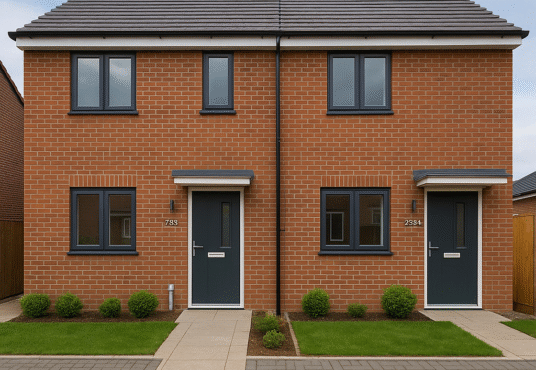 Property for sale Two identical modern brick houses with grey doors and windows, small front gardens with shrubs, and paved paths leading to each entrance—an ideal split unit investment in Leicester property. Blue sky with scattered clouds above. Presented by Palace Auctions