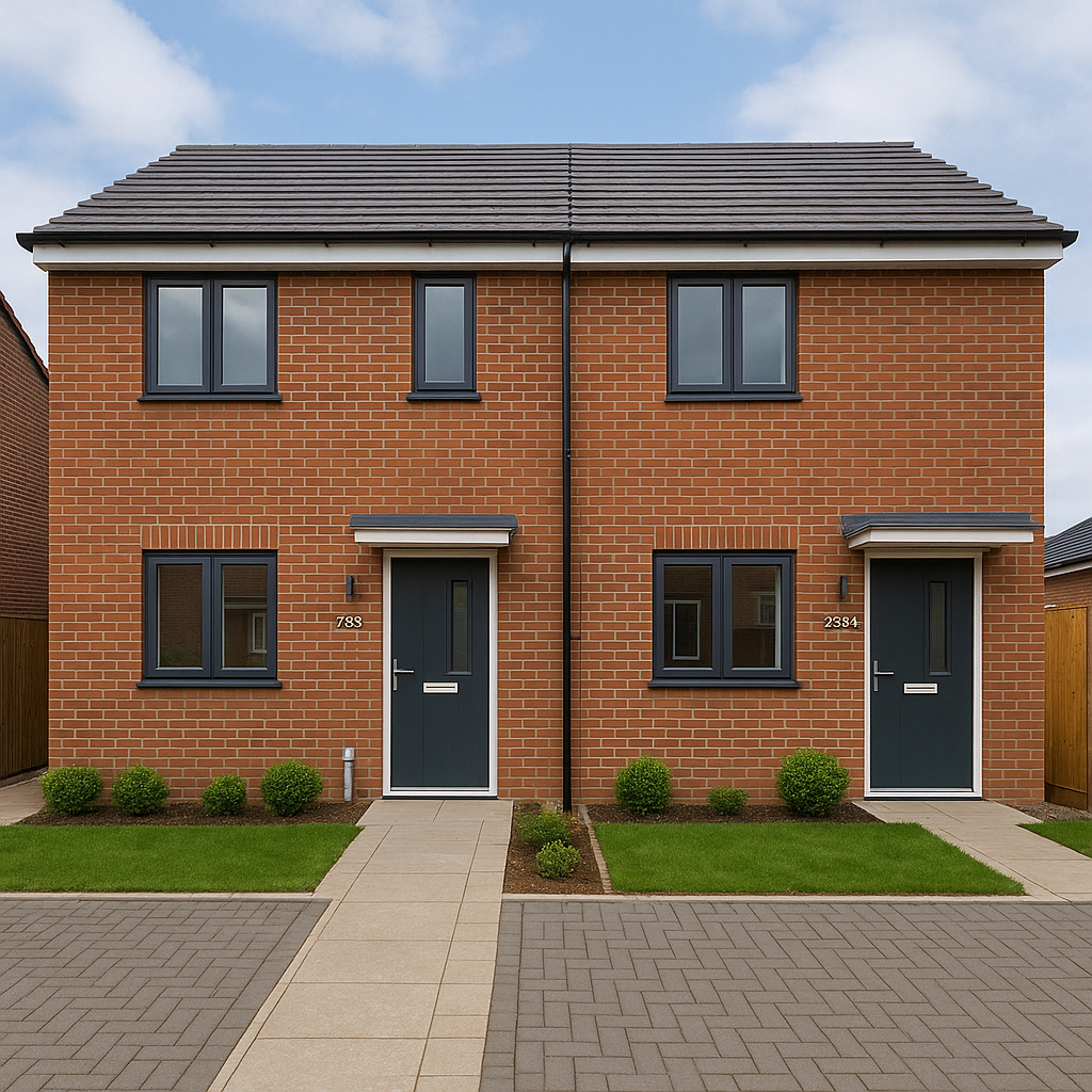 Property for sale Two identical modern brick houses with grey doors and windows, small front gardens with shrubs, and paved paths leading to each entrance—an ideal split unit investment in Leicester property. Blue sky with scattered clouds above. Presented by Palace Auctions