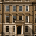 Property for sale A classic Grade II* listed townhouse facade with symmetrical windows, tall columns framing a black door, beige brickwork, white trim, and black iron railings; the address number 83 is visible near the entrance. Presented by Palace Auctions