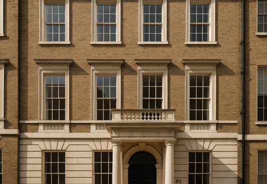 Property for sale A classic Grade II* listed townhouse facade with symmetrical windows, tall columns framing a black door, beige brickwork, white trim, and black iron railings; the address number 83 is visible near the entrance. Presented by Palace Auctions
