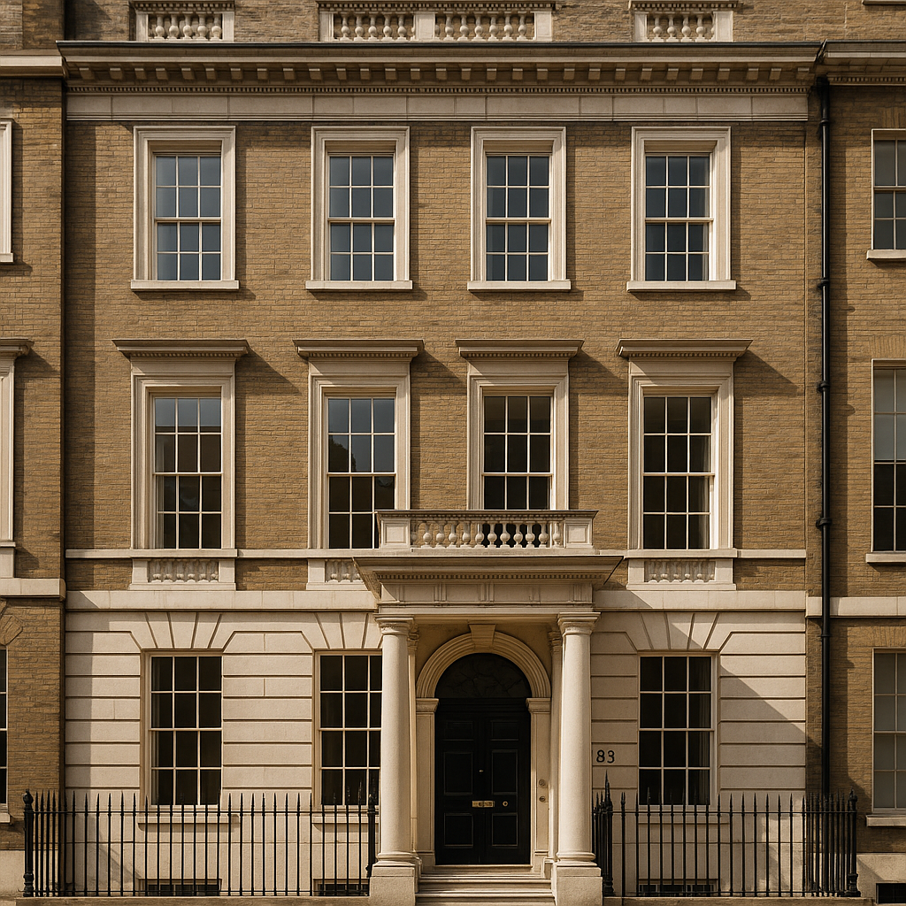 Property for sale A classic Grade II* listed townhouse facade with symmetrical windows, tall columns framing a black door, beige brickwork, white trim, and black iron railings; the address number 83 is visible near the entrance. Presented by Palace Auctions