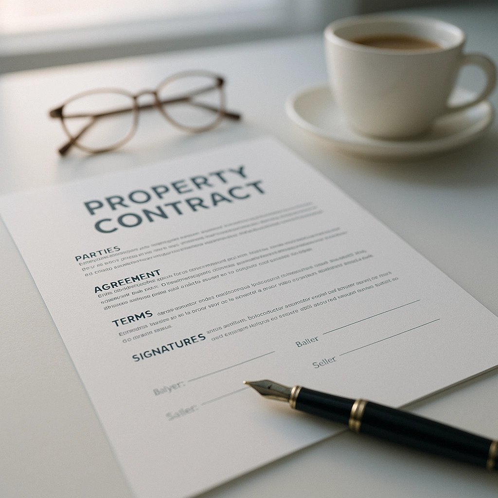 Property for sale A property auction contract document sits on a desk with a fountain pen, eyeglasses, and coffee nearby. The contract includes sections for parties, agreement, terms, and signatures for buyer and seller, in line with RICS standards. Presented by Palace Auctions