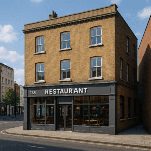 Property for sale A three-story brick building on a street corner houses a restaurant with large windows and "RESTAURANT" above the entrance—a prime mixed-use freehold London opportunity. The quiet street and partly cloudy sky complete the scene. Presented by Palace Auctions