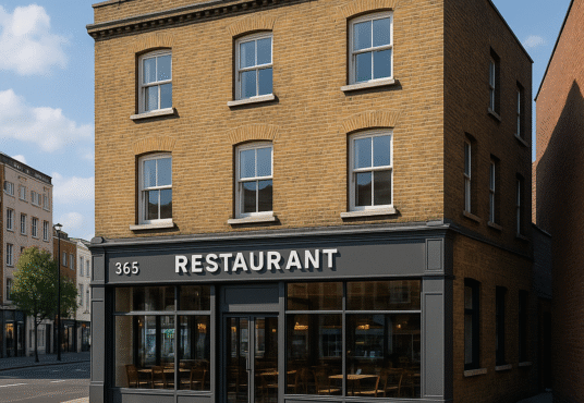 Property for sale A three-story brick building on a street corner houses a restaurant with large windows and "RESTAURANT" above the entrance—a prime mixed-use freehold London opportunity. The quiet street and partly cloudy sky complete the scene. Presented by Palace Auctions