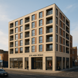 Property for sale A modern, five-story mixed-use London property with retail shops, including a Costa café, on the ground floor. "375 HIGH ROAD" is prominently displayed above the entrance as people walk along the sidewalk. Presented by Palace Auctions