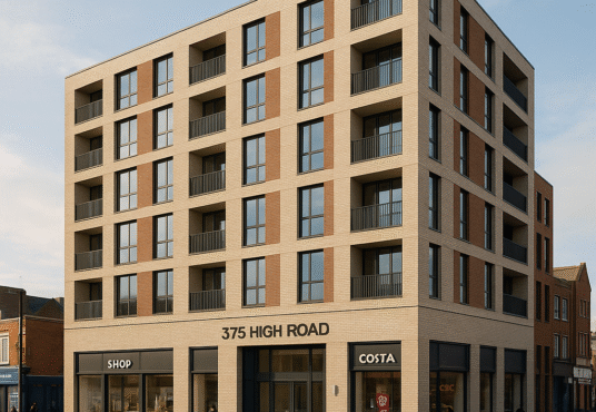 Property for sale A modern, five-story mixed-use London property with retail shops, including a Costa café, on the ground floor. "375 HIGH ROAD" is prominently displayed above the entrance as people walk along the sidewalk. Presented by Palace Auctions