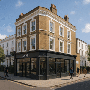 Property for sale A modern gym with large windows occupies the ground floor of a classic, three-story brick corner building—an ideal Bayswater mixed-use property. People stroll by on the sidewalk under a blue sky with a few clouds. Presented by Palace Auctions