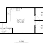 Property for sale Black and white floor plan of a first-floor unit in a multi-unit rental property, showing a living area with kitchen, two bedrooms, and one bathroom. The living area connects to other rooms, with labeled dimensions in meters and feet. Presented by Palace Auctions