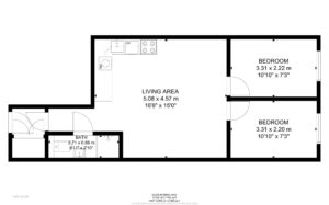 Property for sale Black and white floor plan of a first-floor unit in a multi-unit rental property, showing a living area with kitchen, two bedrooms, and one bathroom. The living area connects to other rooms, with labeled dimensions in meters and feet. Presented by Palace Auctions