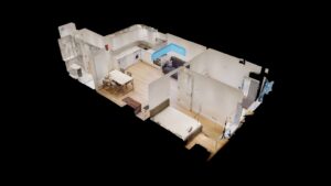 Property for sale 3D model of a small multi-unit rental property featuring a kitchen, dining area, living space, bathroom, and bedroom, displayed on a black background. The rooms are well-lit with wooden flooring and light-colored walls. Presented by Palace Auctions