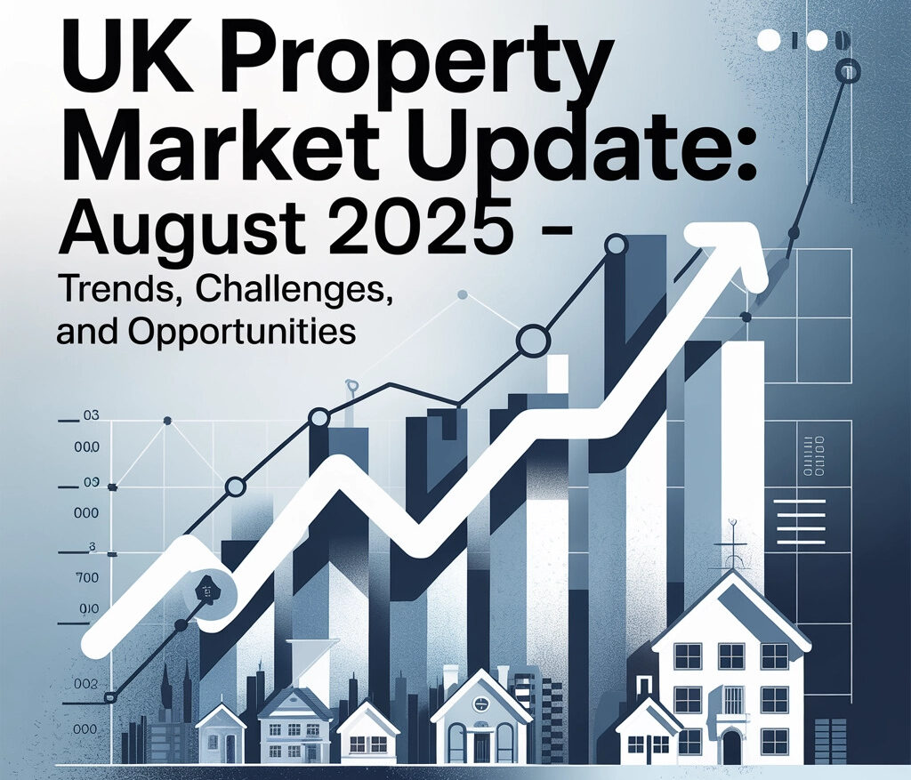 Property for sale Illustration of a city skyline with houses and skyscrapers, overlaid by an upward graph line. Text reads: 