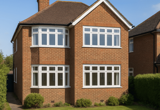 Property for sale A two-story red brick house with white-trimmed windows, a gable roof, and small shrubs in front sits on a neatly mowed lawn under a clear blue sky—an ideal KT19 buy-to-let opportunity in Epsom. Presented by Palace Auctions