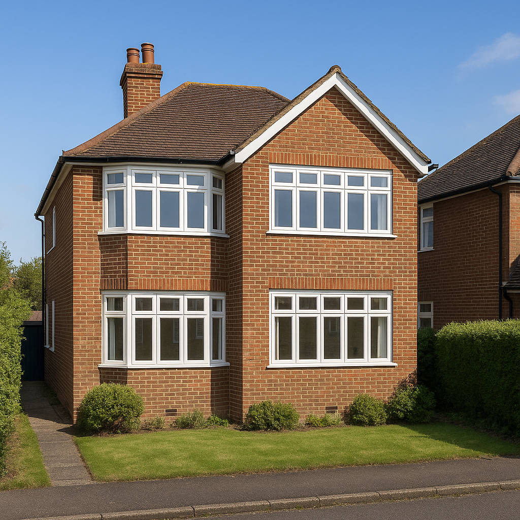 Property for sale A two-story red brick house with white-trimmed windows, a gable roof, and small shrubs in front sits on a neatly mowed lawn under a clear blue sky—an ideal KT19 buy-to-let opportunity in Epsom. Presented by Palace Auctions