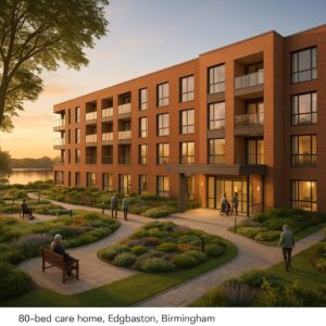 Property for sale A modern four-story brick dementia care facility with large windows, landscaped gardens, curved pathways, benches, and several elderly people walking or sitting outside at sunset. Presented by Palace Auctions