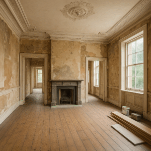 Property for sale A large, empty room with peeling walls, a black fireplace, wooden floors, tall windows, and ornate ceiling molding. Construction materials and paint cans hint at it being an ideal airbnb-ready property undergoing renovation. Presented by Palace Auctions