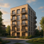 Property for sale A modern five-story mixed-use freehold development with large windows and small balconies, surrounded by greenery and people walking nearby, bathed in warm evening sunlight. Presented by Palace Auctions
